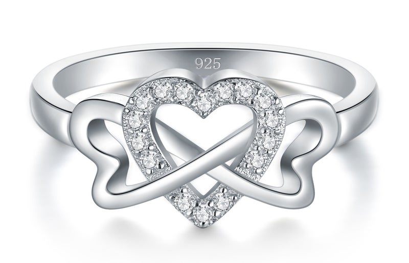 BORUO Love Heart Eternity Band-925 Sterling Silver Rings for Women-Platinum Plated Over Sterling Silver Wedding Band- Promise Rings For Her-Silver Rings For Women, 2mm, Size 9 - Image 2
